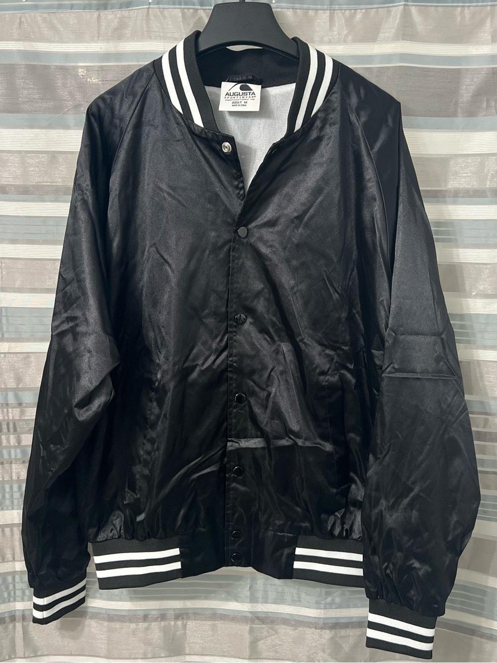 Augusta Sportswear Black Satin Bomber Jacket with White Striped Trim